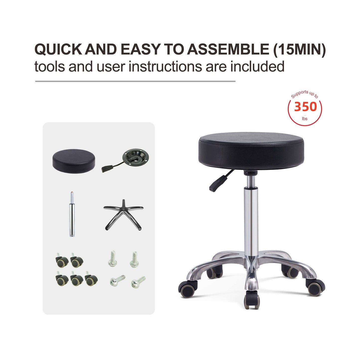 Grace & Grace Height Adjustable Rolling Swivel Stool Chair with Wheels and Round Seat Heavy Duty Metal Base for Salon,Massage, Factory, Shop (No Backrest with Casters-Classic Flat,Black)