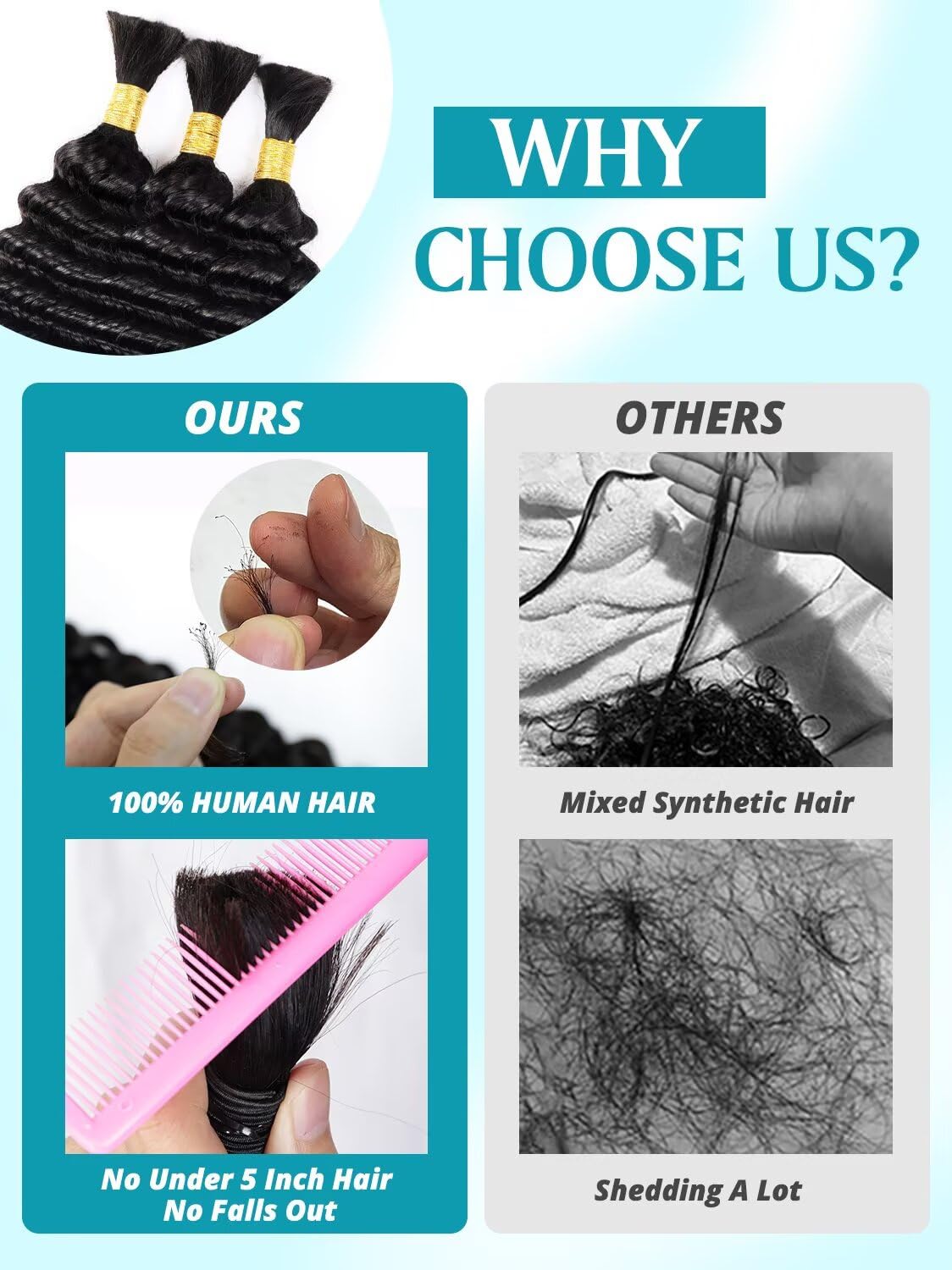 160g 5 Bundles/Pack Human Braiding Hair for Boho Braids 24 Inch Curly Boho Hair for Braiding Knotless 12A Deep Wave Bulk Bohemian Natural Black