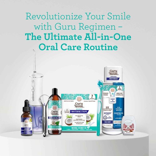 GuruNanda 7-Step Regimen 1.0 - Oil Pulling, Toothbrush, Tongue Scraper, Floss, Water Flosser, Mouthwash, Whitening Strips for Complete Oral Care (Pack of 8)