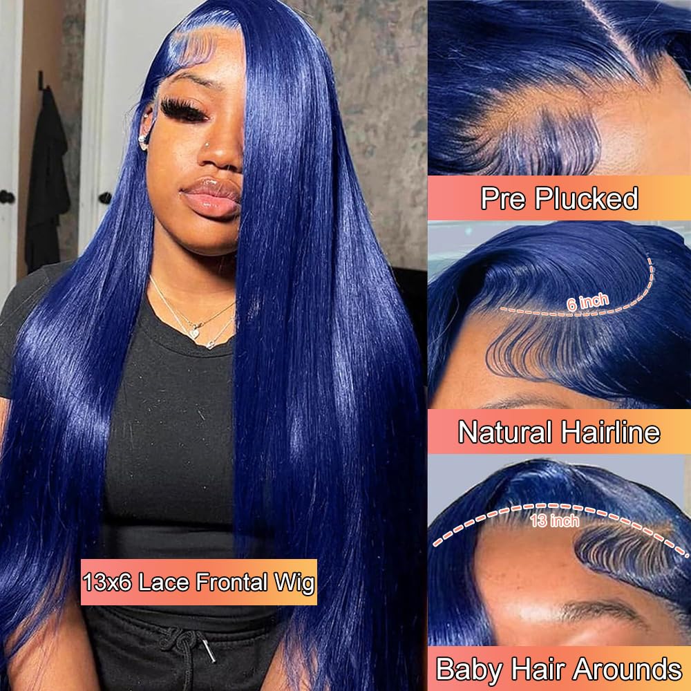 13x6 Blue Lace Front Wig Human Hair Straight Hd Transparent Navy Blue Lace Front Wigs Human Hair Wear and Go Glueless Wig Human Hair Pre Plucked 24 Inch Colored hd Lace Frontal Wigs for Black Women