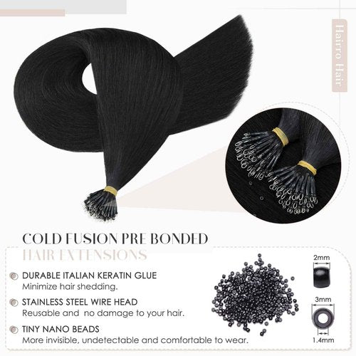 Hairro Nano Beaded Human Hair Extensions Pre Bonded Cold Fushion Nano Bead Nano Ring Keratin Tip Remy Hair Extensions For Women 24inch 50g/PACK 50 Strands #01 Natural Black