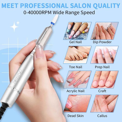 Kredioo Professional Nail Drill Brushless 40,000RPM Rechargeable 2-in-1 Portable Electric Nail File Ultra Silent Salon Must Haves Christmas Nail Tool Kit Removing Acylic Gels
