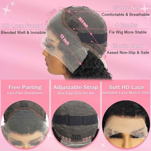 Xojao Water Wave HD Lace Front Wigs Human Hair 10A Curly Human Hair 13x4 Transparent Lace Frontal Wigs Pre Plucked Wet And Wavy Wigs Human Hair for Women 180% Density (20Inch, Natural Black)