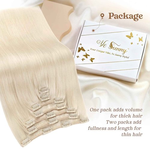 Ve Sunny Blonde Clip in Hair Extensions 22inch Platinum Blonde Human Hair Extensions Clip ins Long Hair Clip in Human Hair Extensions Color 60 Add Hair Length 7pcs 120g