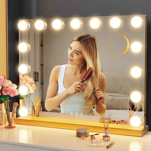 Gvnkvn 22.8 x 18.2 Vanity Makeup Mirror with Lights, 10X Magnification,Large Hollywood Lighted Vanity Mirror with 15 Dimmable LED Bulbs, USB Charger Port, Tabletop or Wall-Mounted Gold