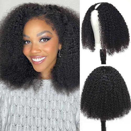 Homgoss V Part Wigs Human Hair For Women Upgrade Afro Kinky Curly V Part Wigs No Sew In No Leave Out No Glue V Part Human Hair Wig With Drawstring 200% Density Natural Color (14inch)
