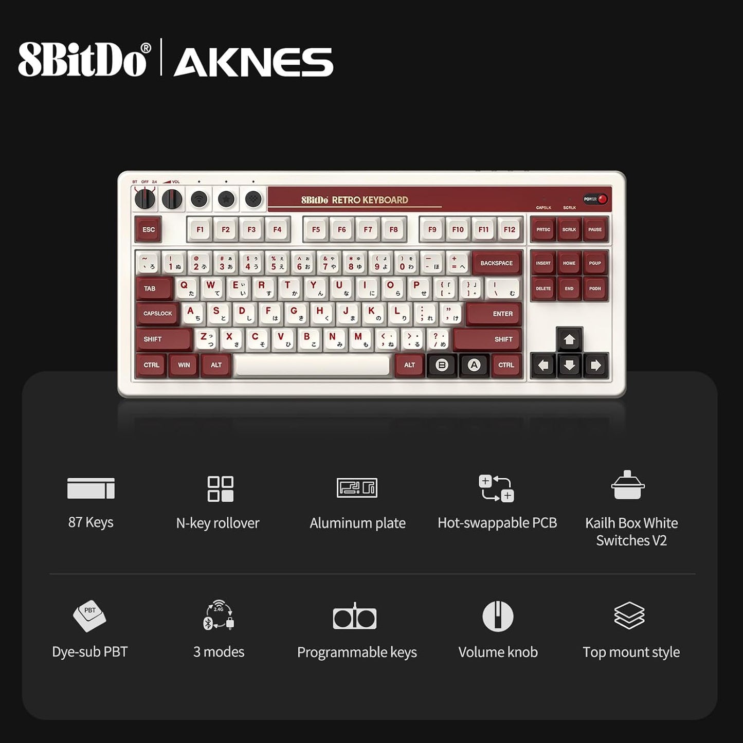 AKNES 8BitDo Retro 108 Mechanical Keyboard, Hot Swappable Gaming Keyboard with 108 Keys, Integrated Numpad, Dual Super Buttons, Bluetooth/2.4G/USB-C for Windows & Android - Fami Edition