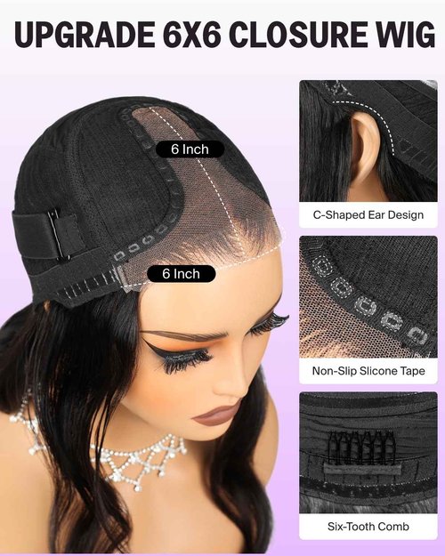 Megalook hair Glueless Wigs Human Hair Pre Plucked Pre Cut 6x6 HD Lace Closure Body Wave Lace Front Wigs Human Hair Pre Bleached Ready to Go Glueless Body Wave Wig 20Inch