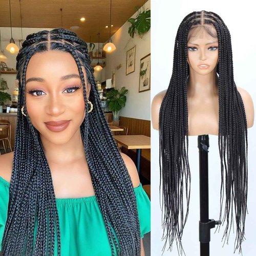 Vecago 36 inch Single Full Lace Braided Wigs for Black Women, 360 HD Lace Knotless Box Braid Wigs with Baby Hair Black Synthetic Braid Wig
