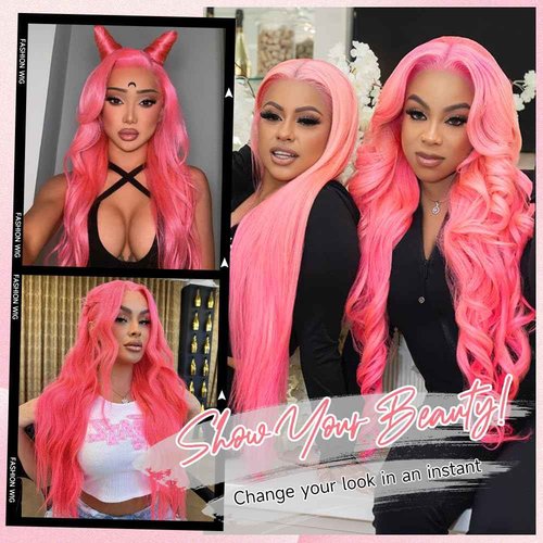 Pink Lace Front Wig Human Hair 200 Density Body Wave 13x4 HD Lace Front Wigs Human Hair Colored Pink Wig Human Hair Pre Plucked with Natural Hairline Anti-Shedding Freestyle Part for Parties 22 Inch