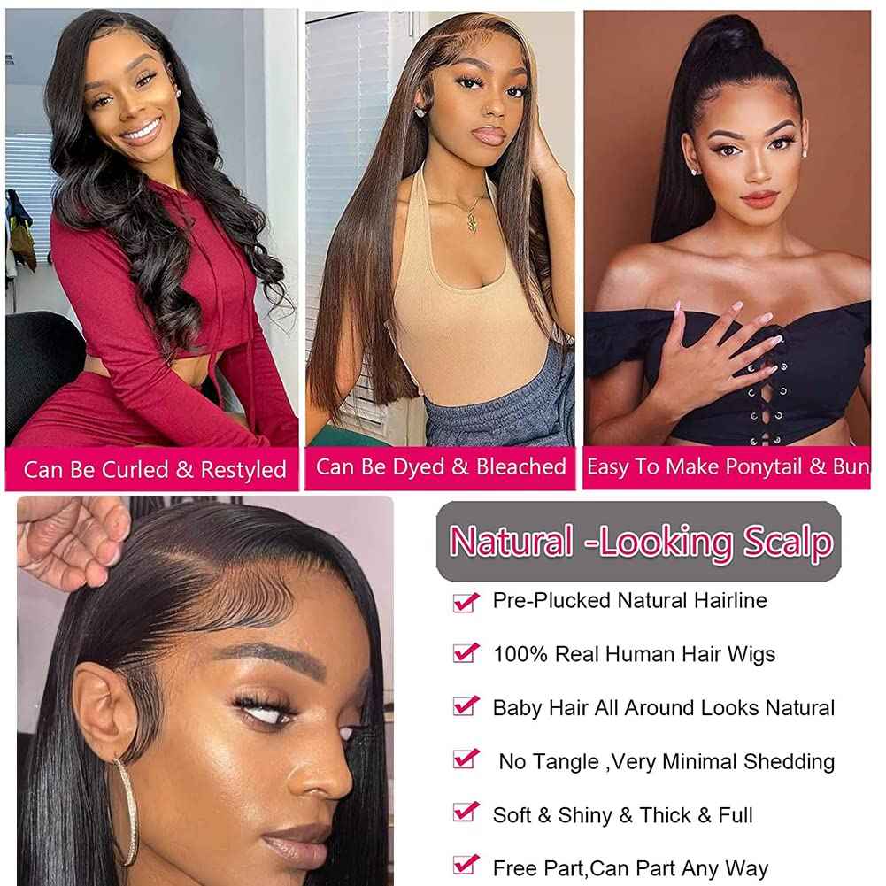 LARVOB Straight Transparent Lace Front Wigs Human Hair 180 Density 13X6 HD Transparent Lace Frontal Wigs 28 Inch Straight Human Hair Wigs With Baby Hair Hairline Glueless Wig For Women Natural Color