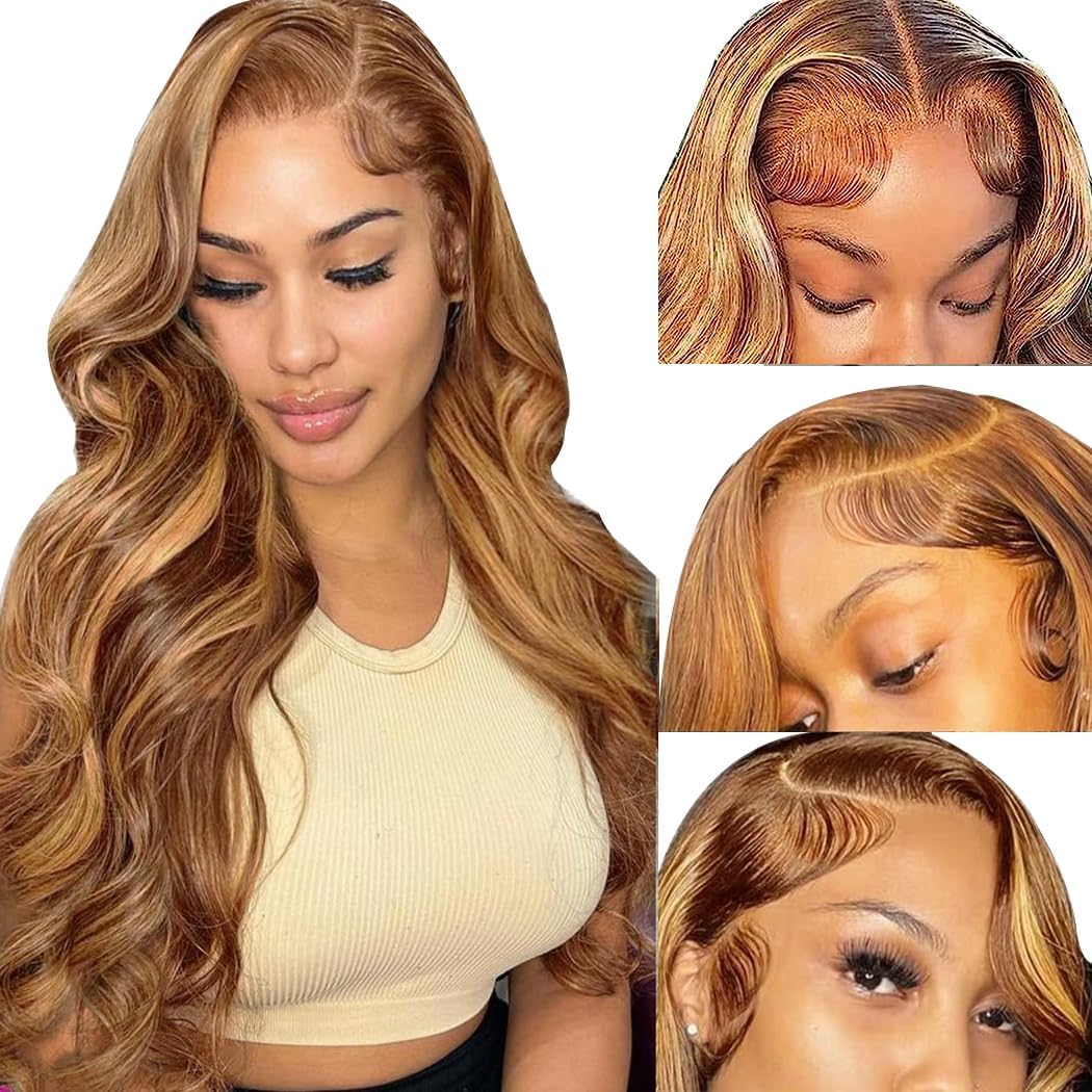 250% Density Highlight Ombre Lace Frontal Wig 13x6 Human Hair Honey Blonde HD Lace Front Wig Pre Plucked with Baby Hair brown 4/27 Colored body Lace Front wig Glueless for Women Natural Hairline