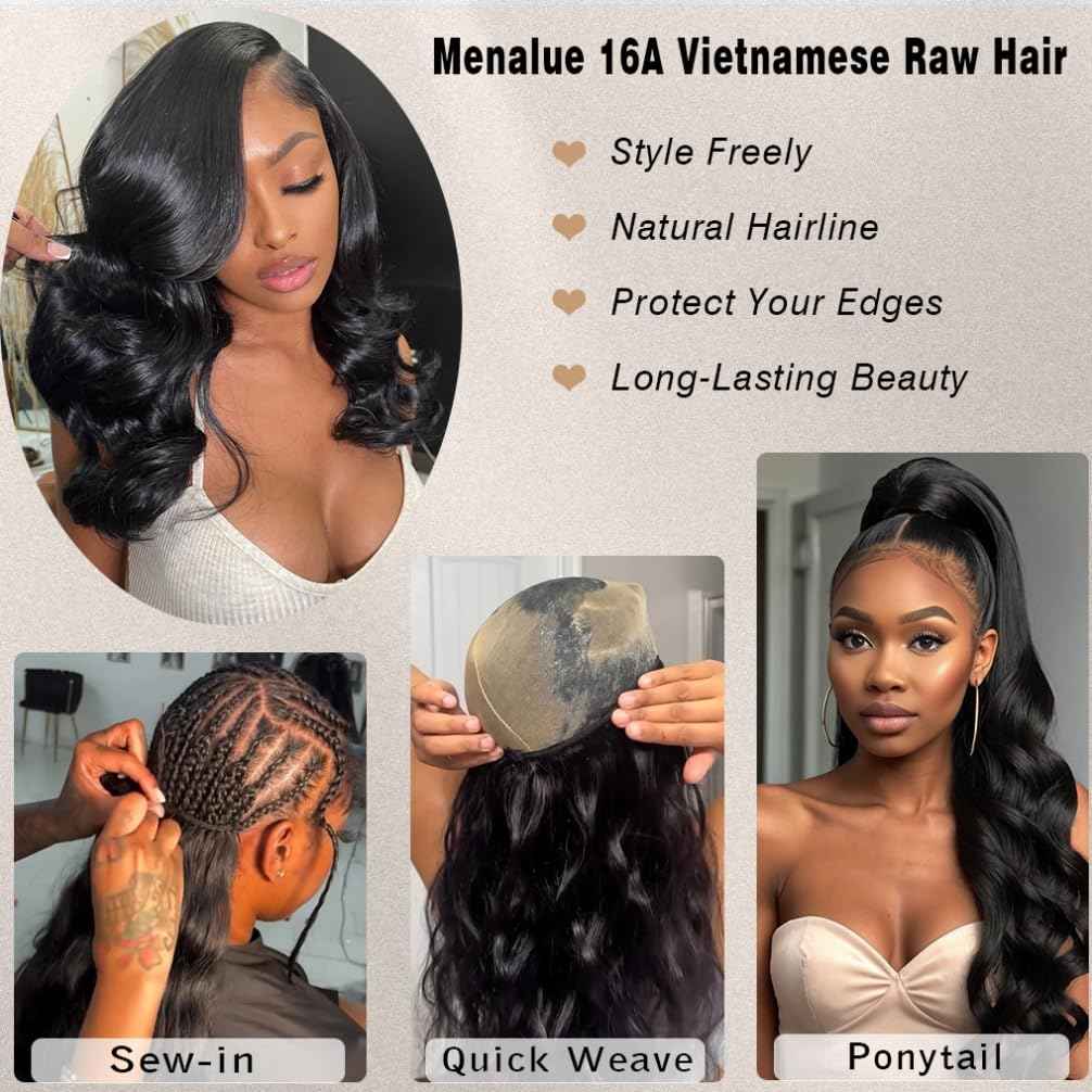 Menalue Human Hair Body Wave Bundles 14 16 18 Inch 16A Raw Vietnamese Virgin Human Hair Bundles Body Wave 3 Bundles Human Hair Full and Thick Natural Black Color Hair Extensions