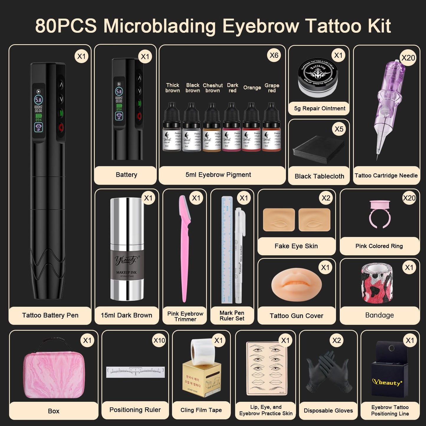 Professional Microblading Tattoo Gun Kit, Wireless Eyebrow Tattoo Pen Machine Kits, Complete Microblading Supplies with 2Pcs 500 mAh Battery, 20Pcs Cartridge Needles for Artists (Black)