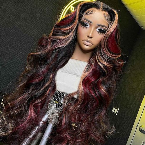 abgese Black Red Blonde Highlights Wig Human Hair 13x4 Body Wave Lace Front Wigs Human Hair 180% Density Ombre Blonde Red Highlight Glueless Colored Body Wave Wig Pre Plucked for Women 18 Inch
