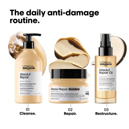 L'Oréal Professionnel Paris Absolut Repair Shampoo & Golden Mask Set - Protein Treatment For Dry & Damaged Hair, Repairs Damage & Provides Shine, 10.1 Fl Oz