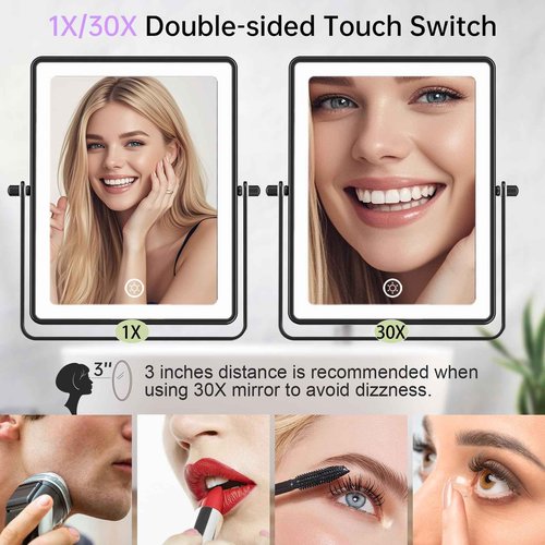 FASCINATE Rechargeable Wall Mounted Makeup Mirror with Lights, 8.7 Inch Double Sided Touch Switch 1X 30X Magnifying Bathroom Mirror, 3 Color Lights Touch Dimmable Extended Arm 360°Rotation (Black)