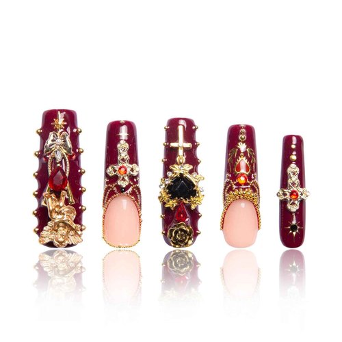 LOVFUL Press on Nails Gothic Romance| Handmade with Full Covered Crystals| Reusable Fake Nails| Square Mid length 1.7in| H333-S