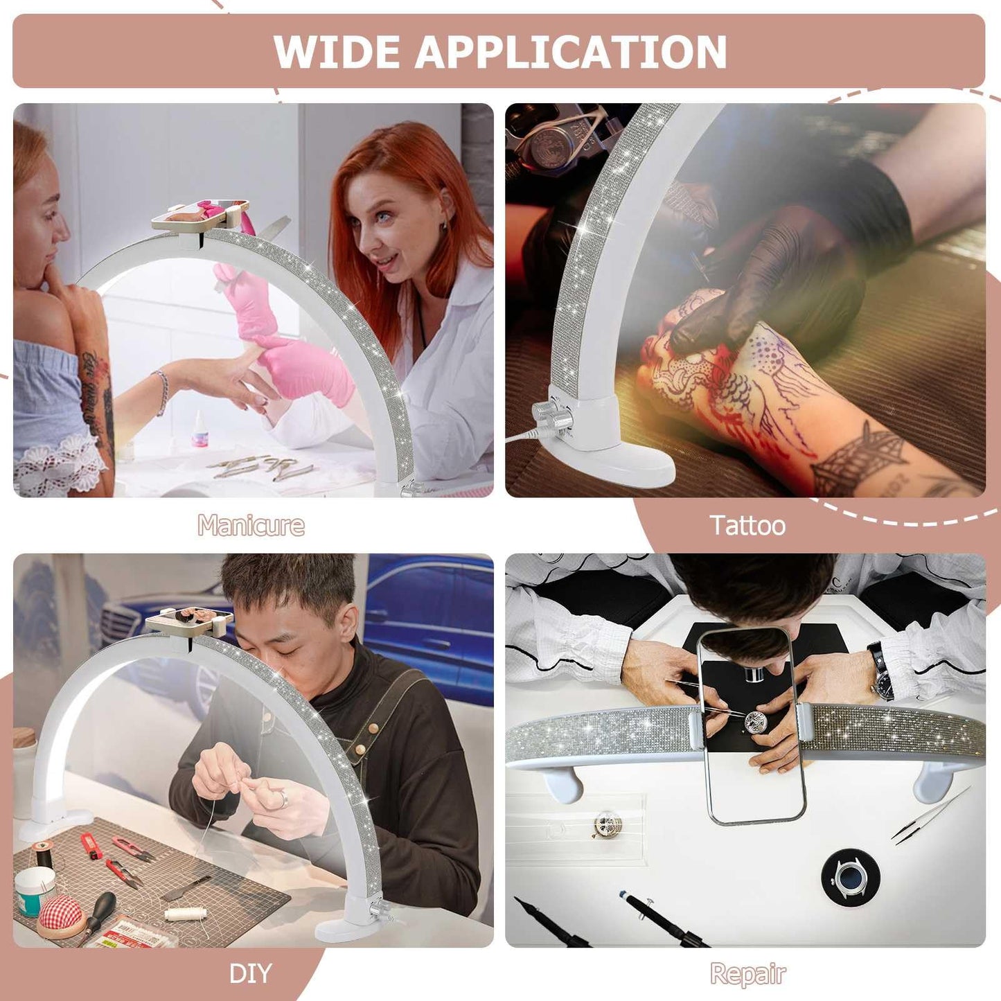 KMLSHLL Half Moon Light for Nail Desk with Phone Holder, Adjustable Brightness 2700K-6000K, 45W Rhinestones Arch Light for Nail Techs