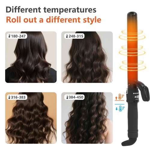 Huvcy 1-1/4 Inch Curling Iron - Ceramic Curling Iron, Fast Heat Function LCD Display 180°F-450°F Adjustable, Long Lasting Beach Waves, Dual Voltage Curler, Heat Resistant, Black