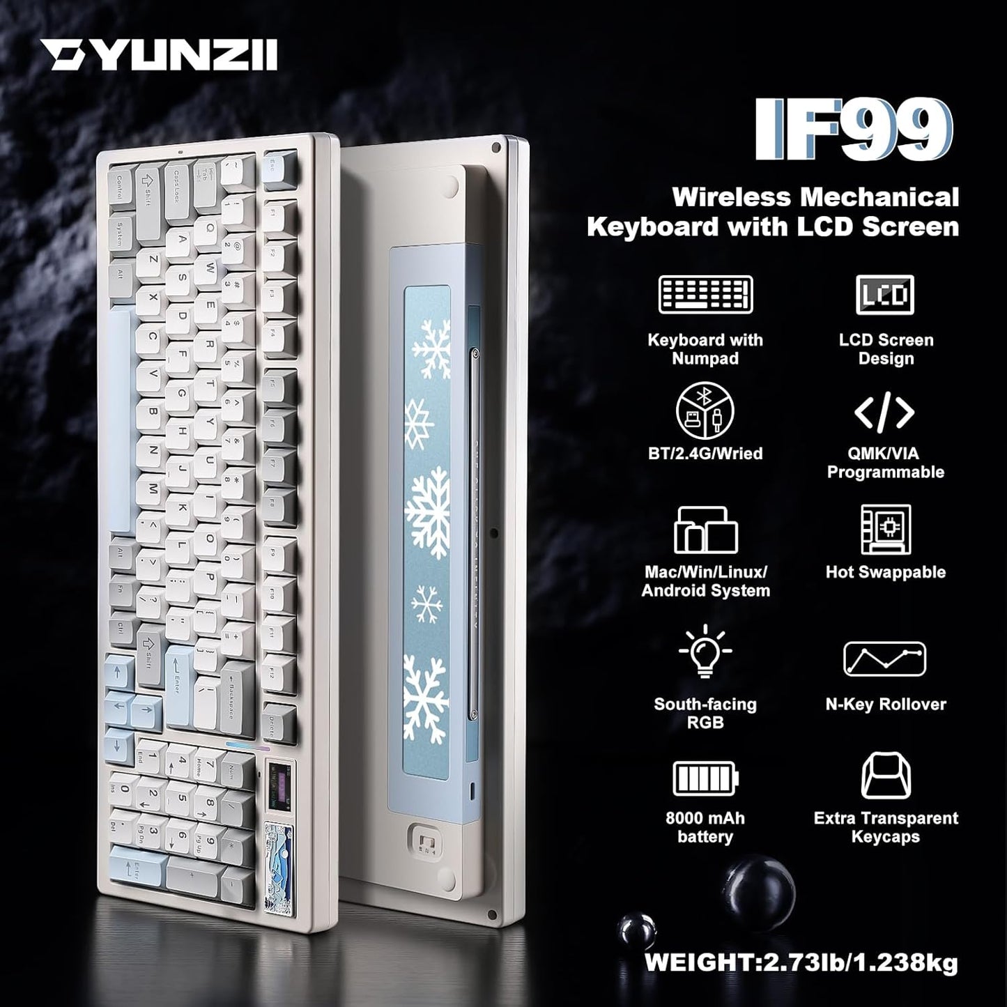 YUNZII IF99 Wireless Mechanical Gaming Keyboard with Smart LCD Display, QMK/VIA Programmable BT/2.4G/USB-C Gasket Mounted Hot Swap RGB 96% Layout for Mac/Win (Black, Cocoa Cream V2 Switch)