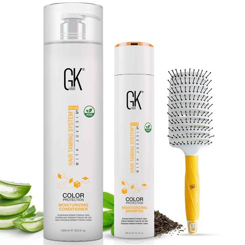 Global Keratin GK Hair Moisturizing Shampoo and Conditioner Set 300ml I Vent Brush (2.5 Inch) Rubber Handle