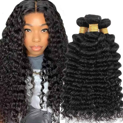 Human Hair Bundles Deep Wave Bundles 18 20 22inch Deep Wave 3 Bundles Weave 100% Unprocessed Brazilian Virgin Human Hair Deep Wave Bundles for Black Woman Nature Black