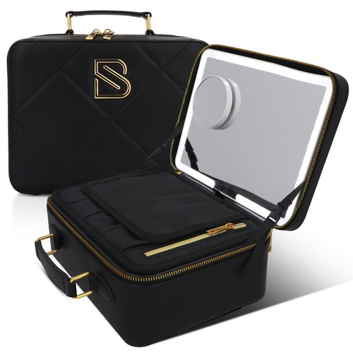 BAREZ Premium PU Leather Makeup Bag With LED Mirror - 3 Brightness Mirror Light Settings - Adjustable Dividers - Removable Mirror Waterproof Cosmetic Travel Bag (Black)