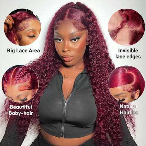 Burgundy Wig Human Hair 99j Burgundy 13x6 HD Transparent Deep Wave Lace Front Wigs Human Hair 180 Density Pre Plucked Brazilian Virgin Red Wig Human Hair For Black Women (99j Burgundy, 20 Inch)