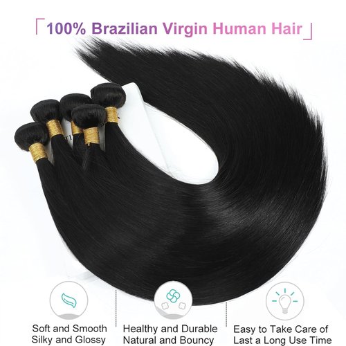 NROOEAY Straight Bundles Human Hair 28 inch 100% Unprocessed Brazilian Straight Hair Bundles 12A Remy Virgin Retain the Intact Cuticle, Long Lifespan