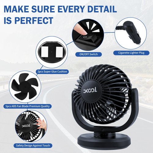 XOOL 12V Car Fans, 4" Electric Car Cooling Air Fan Powerful Single Car Fan Cigarette Lighter Low Noise 360 Degree Rotatable for Truck Vehicle Boat Van SUV RV