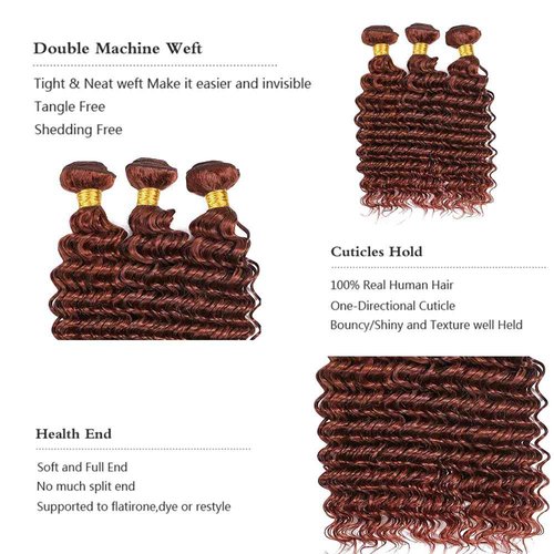 Color 33 Bundles Human Hair Reddish Brown Deep Wave Bundles Double Weft Brazilian Virgin Copper Red Brown Hair Extensions Silky and Soft for Black Women 18 18 18 Inch