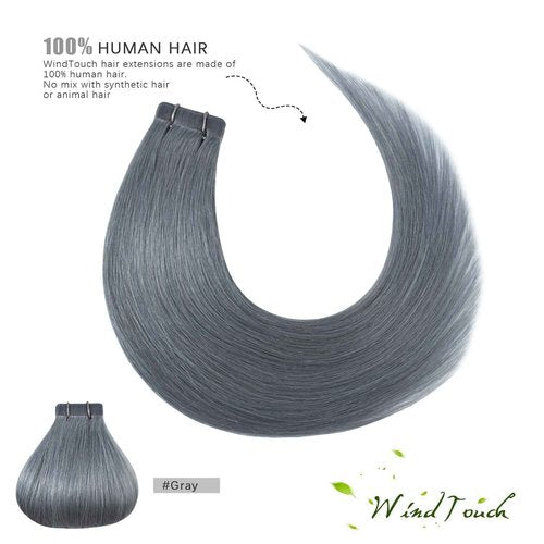 WindTouch Tape in Hair Extensions Silver Gray 100% Human Hair Extensions Straight 20 Pcs 20Inch #gray 50g