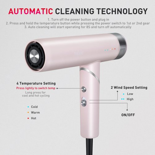 TANSHINE Professional Blow Dryer,Ionic Hair Dryer Foldable 1600W,110000RPM High-Speed Ion Hair Dryer for Fast Drying,Quiet Lightweight Hairdryer with Magnetic Nozzle,Compact Travel Hair Blower,Pink