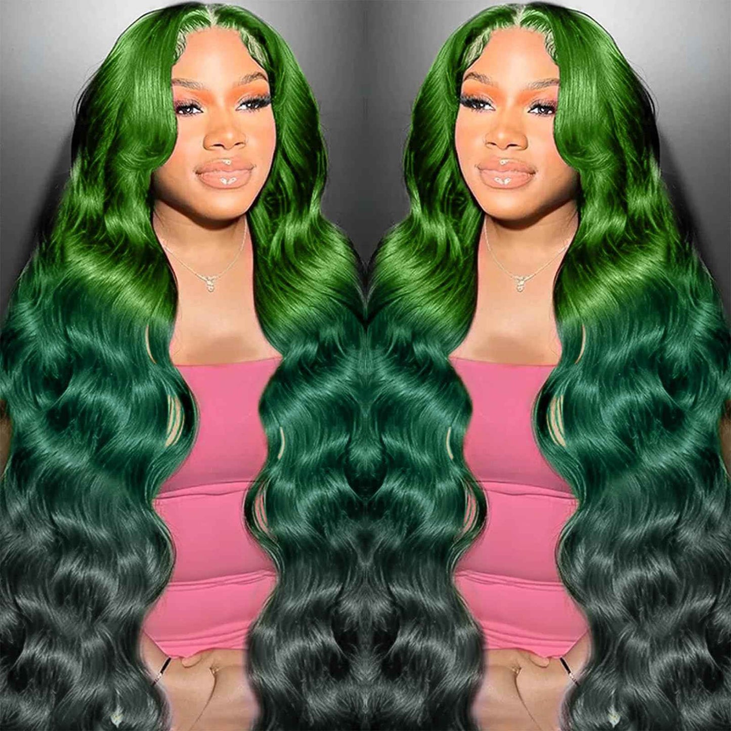 GGEDUO Green Ombre Lace Front Wig Human Hair Body Wave 13x4 HD Glueless Lace Front Wigs 3 Tone Light Green to Dark Green Colored for Fashion Women 180% Density 24 Inch