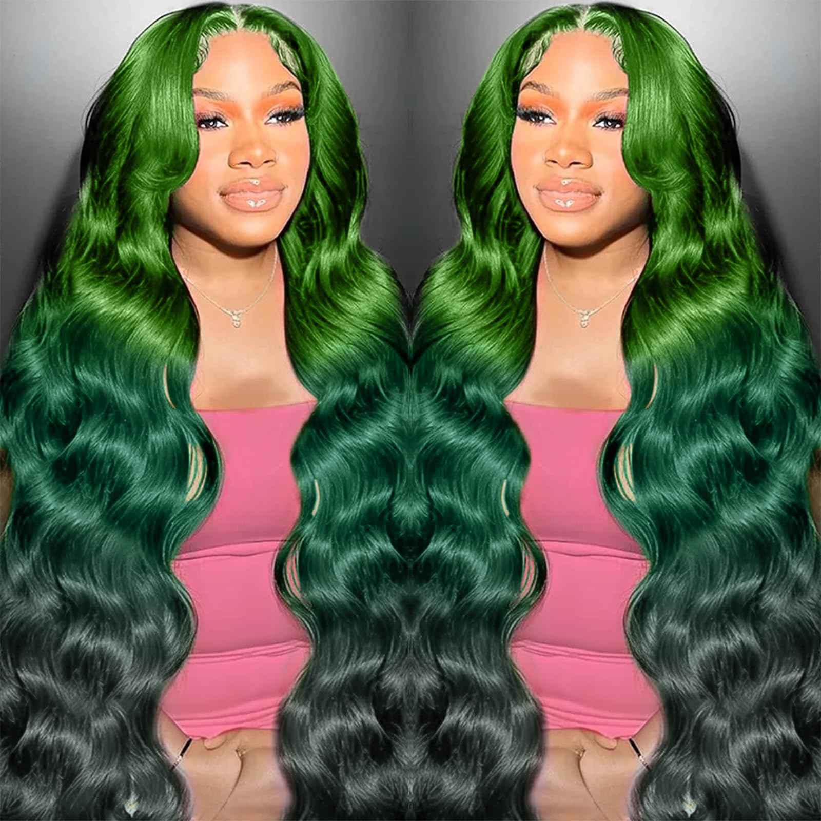 GGEDUO Green Ombre Lace Front Wig Human Hair Body Wave 13x4 HD Glueless Lace Front Wigs 3 Tone Light Green to Dark Green Colored for Fashion Women 180% Density 24 Inch