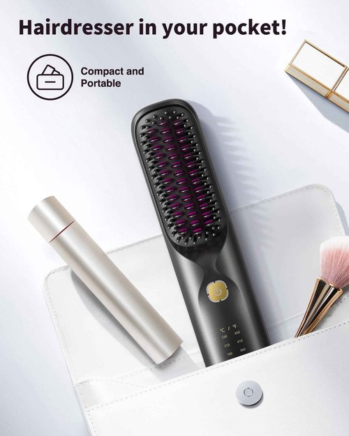 Cordless Hair Straightener Brush - Portable Hair Brush for Travel - 30s Fast Heating - 300 Million Negative Ions for Frizz-Free Shine,Touch Up On-The-Go,Gift for Women,10000mAh