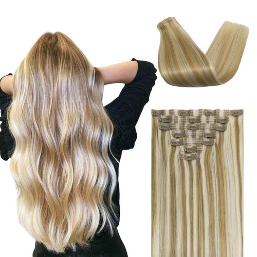 FUOTONBUTY Clip in Extensions Real Human Hair 7pcs, Natural and Seamless 90g (Caramel Blonde to Bleach Blonde, 20 inch)