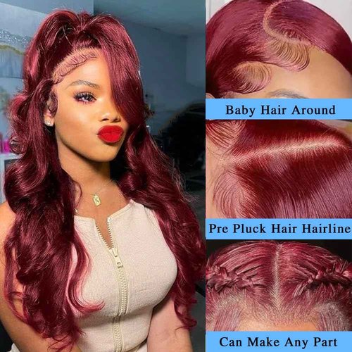 Ding Dian 99J Burgundy Lace Front Wigs Human Hair 26 Inch 13x4 Body Wave Human Hair Wig Pre Plucked Glueless Wine Red Wig HD Lace Frontal Wigs 180 Density for Women