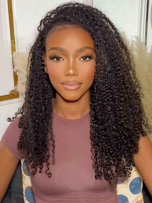 Wiggins Curly Half Wig Human Hair Glueless Wigs Upgrade 3 IN 1 Half Wig With Drawstring Seamless Clip Ins Flip Over Kinky Curly Human Hair No Glue No Lace For Women 16 Inch