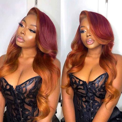 haha Red Orange Ombre Lace Front Wig Human Hair Ginger Red Highlight Lace Front Wig 13x4 Body Wave Lace Frontal Wigs Colored Pre Plucked Brazilian Remy Hair Skunk Stripe Wig 18 Inch 150% Density
