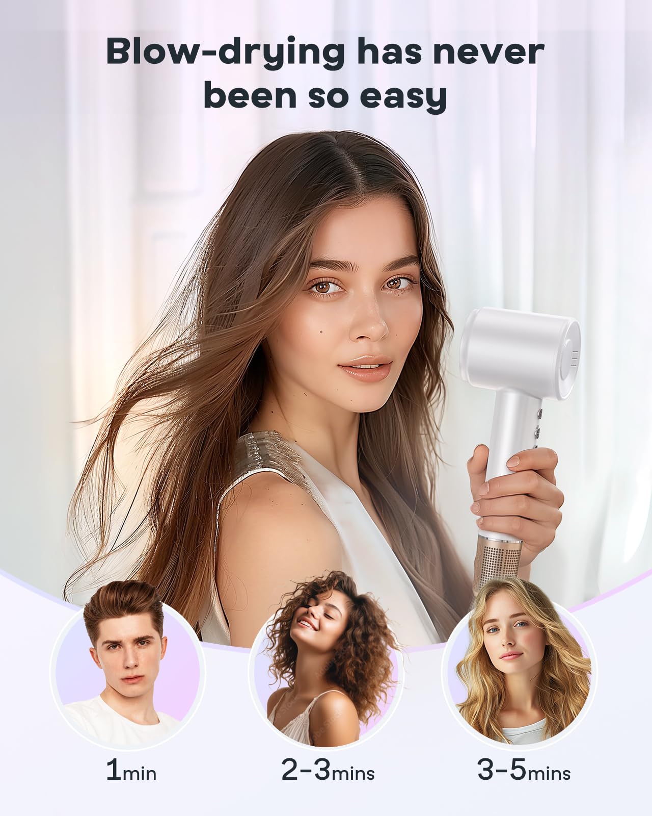 Hair Dryer - Negative Ionic Blow Dryer with 150000 RPM High Speed Brushless Motor for Fast Drying, Low Noise, HD Display Hair Dryer with Diffuser and Nozzle, 4 Temps & 3 Speeds