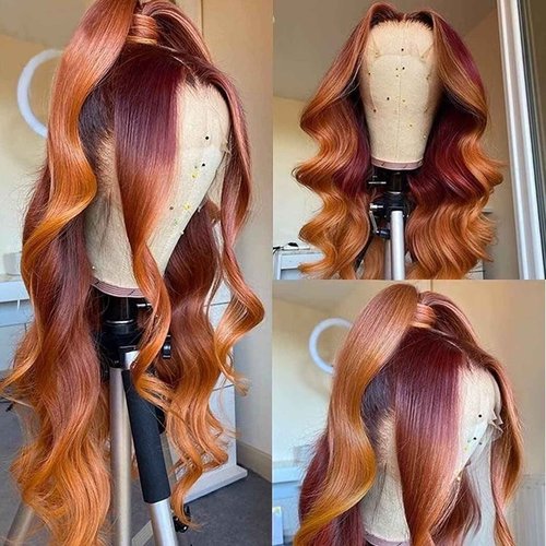 haha Red Orange Ombre Lace Front Wig Human Hair Ginger Red Highlight Lace Front Wig 13x4 Body Wave Lace Frontal Wigs Colored Pre Plucked Brazilian Remy Hair Skunk Stripe Wig 18 Inch 150% Density