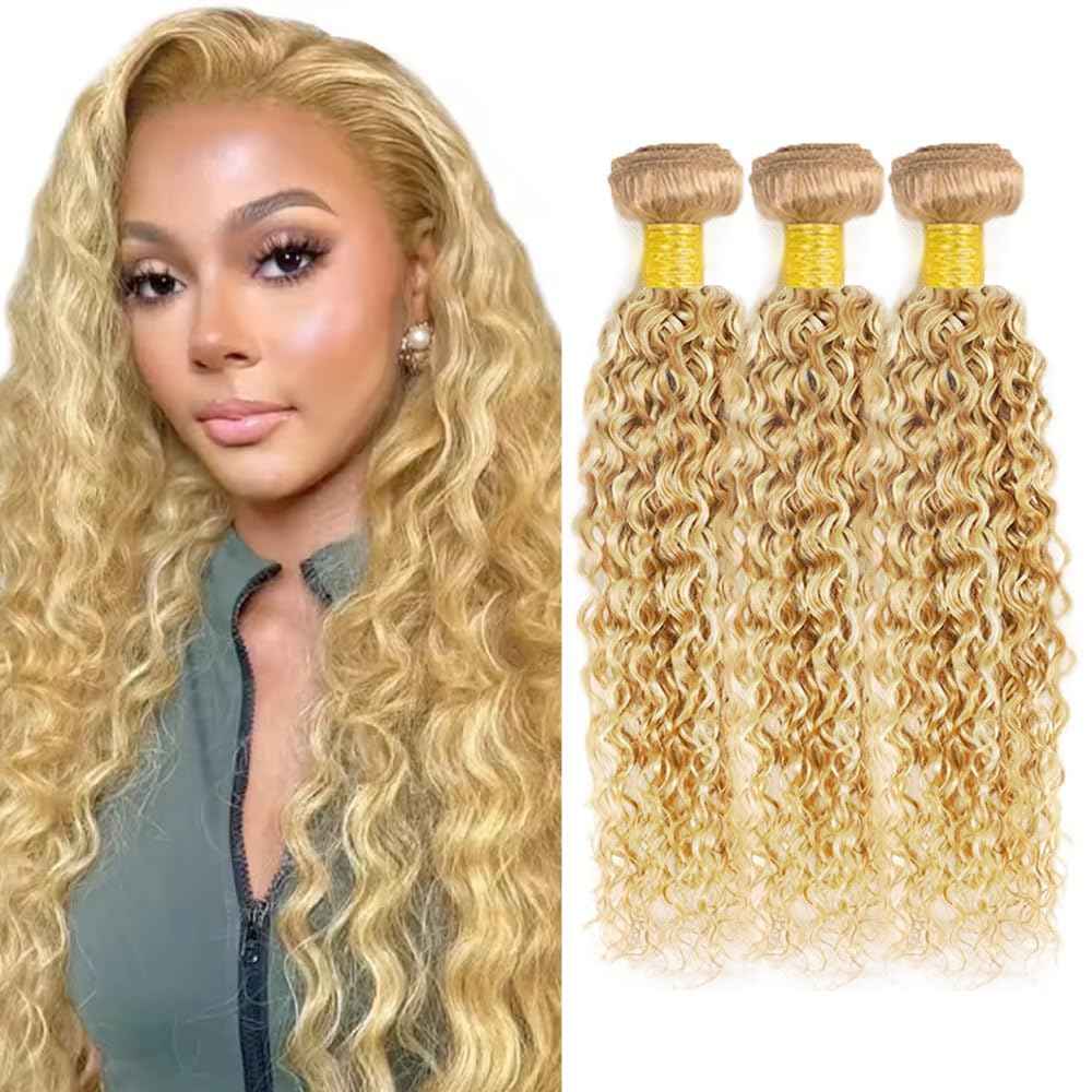 28 30 32 inch WuvuSnm 613/27 Human Hair Bundles Blonde Kinky Curly Weave 3 Bundles Two Tone 613 and 27 Bundle