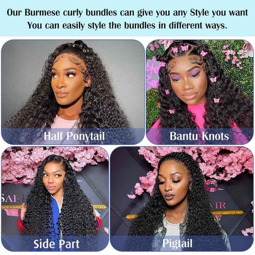 Younsolo Burmese Curly Bundles Human Hair 16 18 20 Inch 14A Curly Bundles Human Hair 100% Unprocessed Wet and Wavy 3 Bundles 3c4a Burmese Curly Water Wave with Spiral End Hair Extensions Natural Black