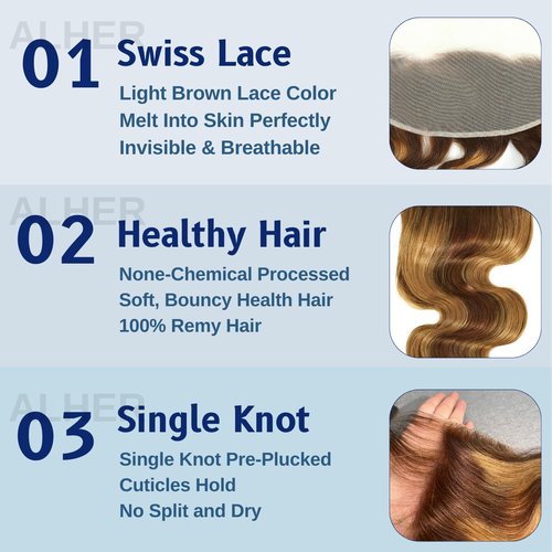 ALHER 4/27 Honey Blonde Highlight Body Wave Closure 13x4 Lace Frontal Human Hair Ombre Colored Wavy 12A Virgin Remy Hair Undetectable Transparent Melt Ear to Ear Lace Frontal Closure 20 Inch