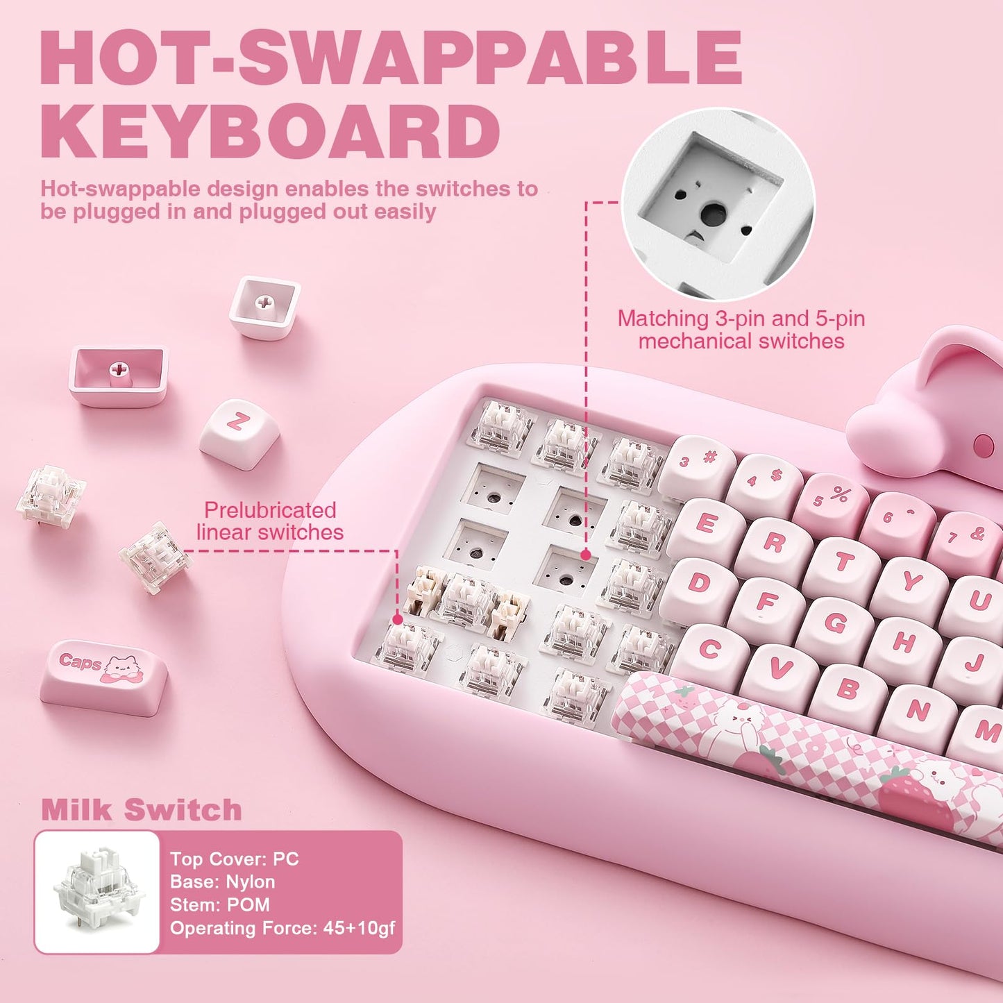 YUNZII C68 Wireless Mechanical Keyboard,65% Layout,Hot Swap,Triple Mode BT5.0/2.4G/Wired, RGB Backlit NKRO,Cute Cat Silicone Ergonomic Design for Win/Mac (Pink, Milk Switch)