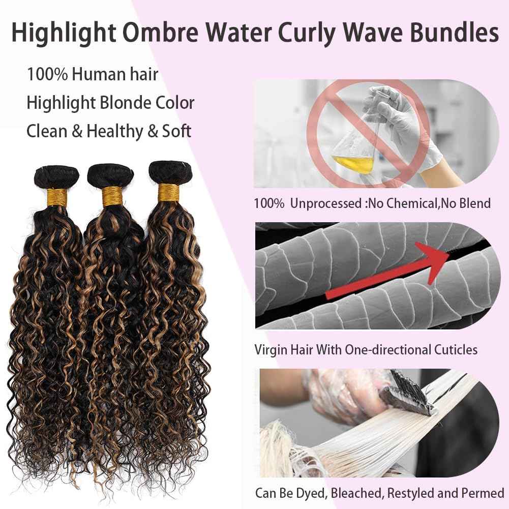 Highlight Water Wave Bundles with Closure Human Hair Honey Brown Balayage Curly Wave Human Hair Bundle 1B/27 Colored 3 Bundles with 4x4 HD Lace Closure Free Part (10 12 14+10)