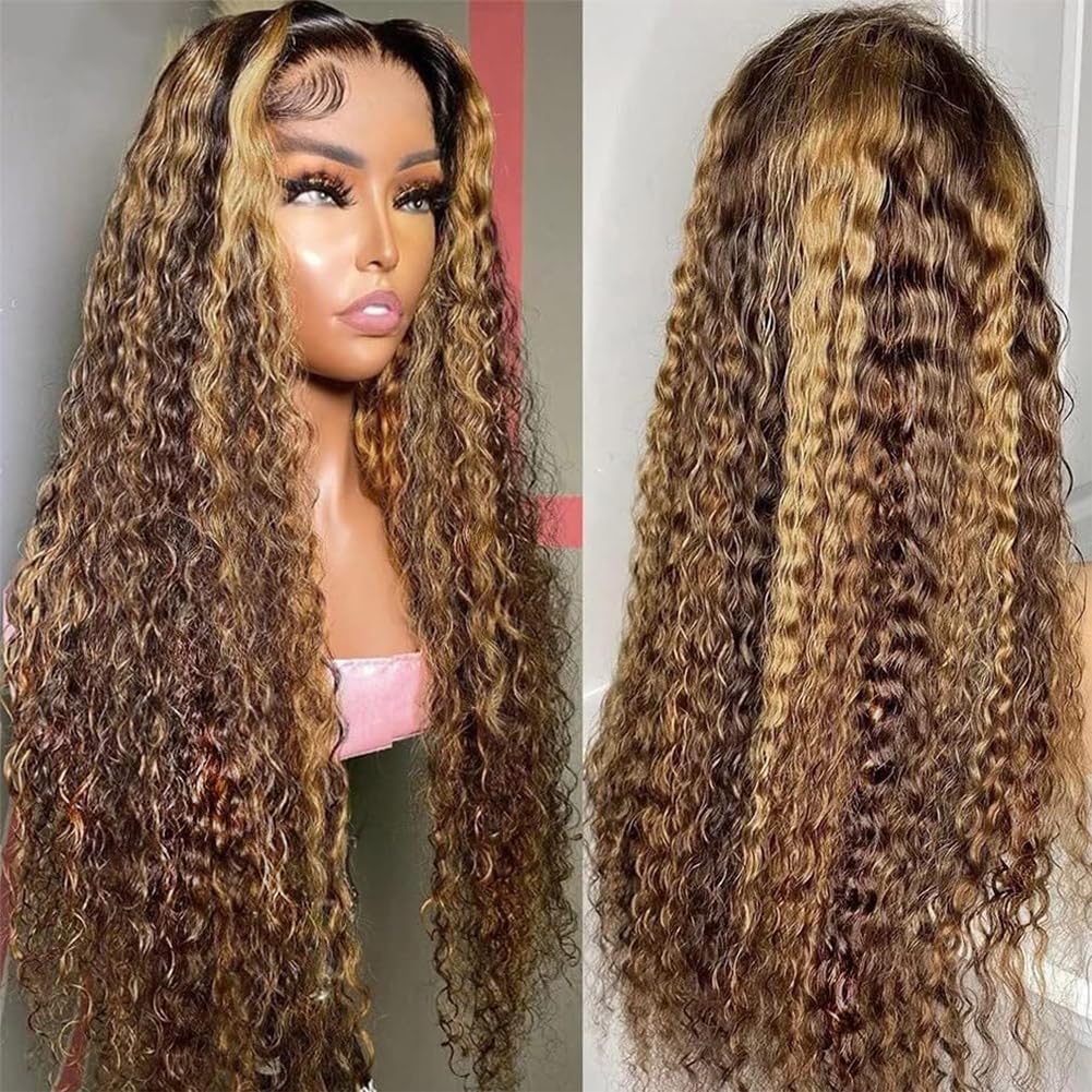 13x6 Highlight Lace Front Wig Ombre Deep Wave Lace Front Wig Pre Plucked With Baby Hair 180% Density Honey Blonde Curly Human Hair Glueless Wigs for Women (24 inch)