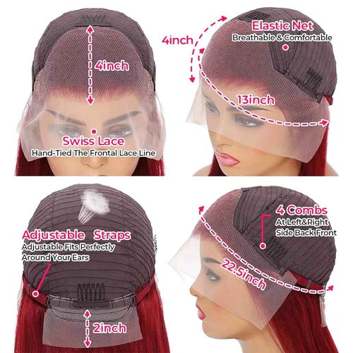 AUOU 32 Inch 99j Burgundy Lace Front Wigs Human Hair Pre Plucked Straight 13x4 HD Lace Front Wigs Human Hair 200% Density Glueless Red Color Frontal Wigs Human Hair for Women